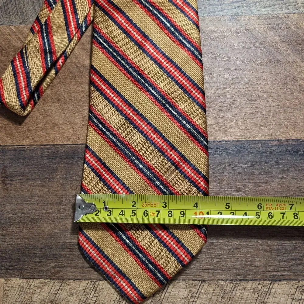Vintage Lanvin 100% Silk Striped Pattern Tie in Mustard Red Navy White Colorful